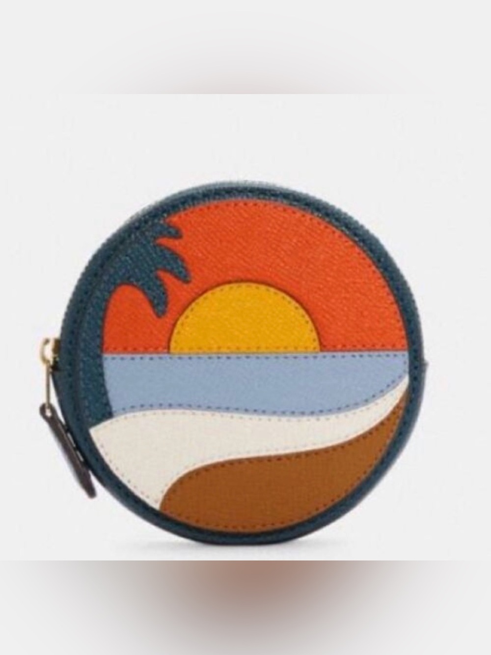 Coach Circle Coin Case Beach Postcard Zip Leather Wallet Gold Dark Orange NEW